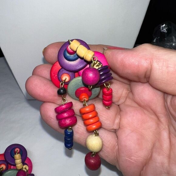 Vintage Tribal Painted Wood Earrings Three Strand Dangle Clip - Picture 5 of 7